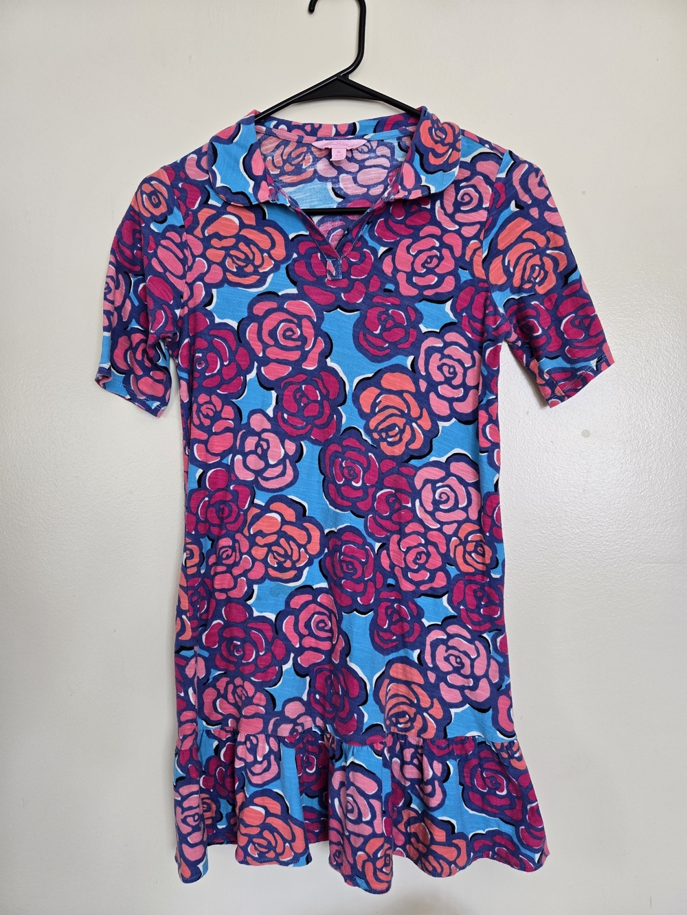 Lilly Pulitzer Girls Blue Polo Dress with Pink and Coral Floral Print Size XL
